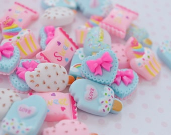 20mm-25mm Kawaii Pastel Candy Pink and Blue Flatback Cabochons Heart Popsicle Ice Cream Food Sweet Decoden Cabochon - 10 piece set