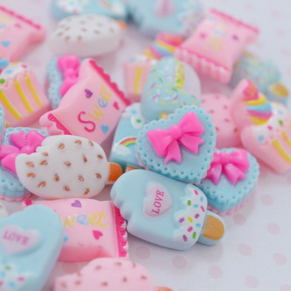 20mm-25mm Kawaii Pastel Candy Pink and Blue Flatback Cabochons Heart Popsicle Ice Cream Food Sweet Decoden Cabochon - 10 piece set