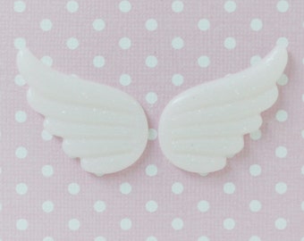 40mm Yume Kawaii White Shimmer Glitter Angel Wings Flatback Resin Decoden Cabochon - set of 2