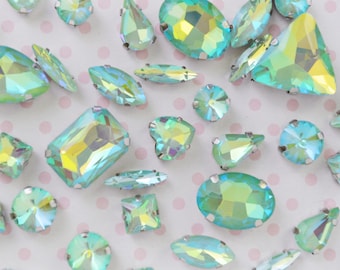 Mix Shape Pastel Mint Blue Opalescent AB Emerald Heart Teardrop Diamond Sew On Glass Rhinestone Cabochons Jelly Iridescent Gem -  set of 25