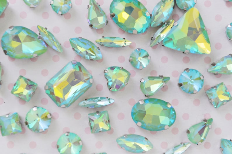 Mix Shape Pastel Mint Blue Opalescent AB Emerald Heart Teardrop Diamond Sew On Glass Rhinestone Cabochons Jelly Iridescent Gem set of 25 image 1