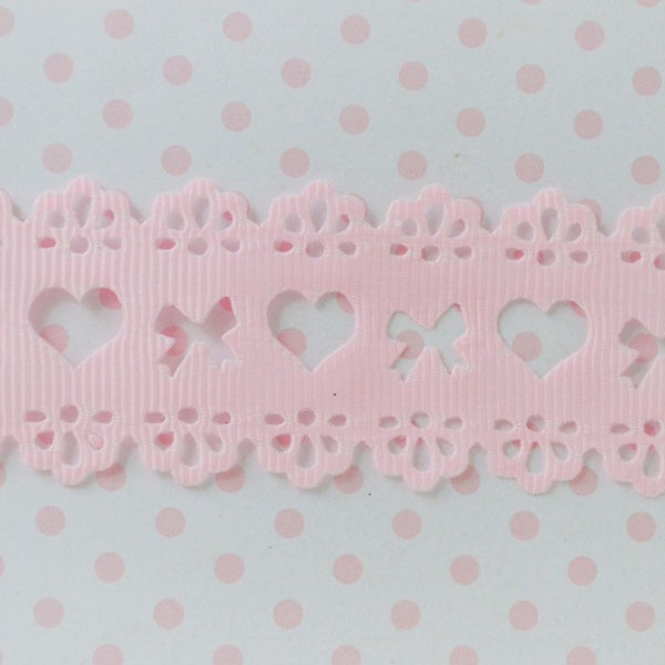 30mm Pastel Pink Lace Cutout Heart and Bow Kawaii Victorian Classic Hime Sweet Lolita Grosgrain Ribbon - 5 yards