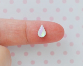 8mm Tiny Kawaii White AB Opal Iridescent Tear Drop Rain Drop Rhinestone Flatback Resin Decoden Cabochon - set of 50