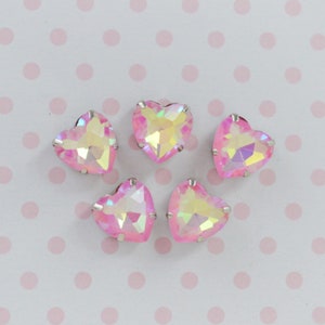 10mm Pink Opalescent Heart Shaped Sew On Flatback Glass Crystal Rhinestone Cabochons Ab Jelly Iridescent Gem -  set of 5