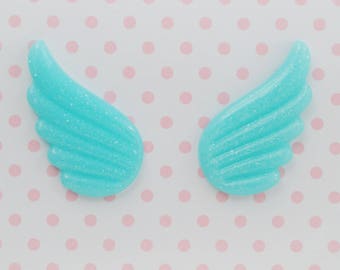 40mm Yume Kawaii Blue Glitter Angel Wings Flatback Resin Decoden Cabochon - set of 2
