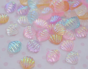 11mm Iridescent Pastel Seashells Yume Kawaii Bright Glitter Mermaid Charms Flatback Resin Decoden Cabochons - set of 20