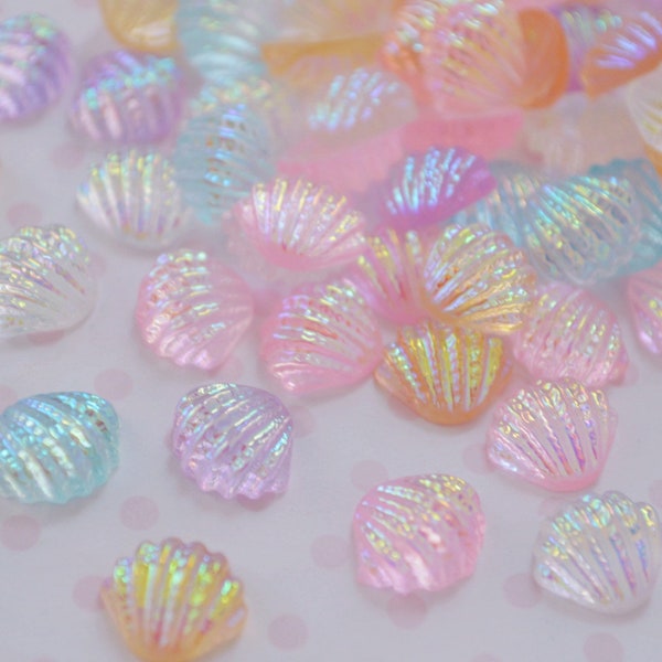 11mm Iridescent Pastel Seashells Yume Kawaii Bright Glitter Mermaid Charms Flatback Resin Decoden Cabochons - set of 20