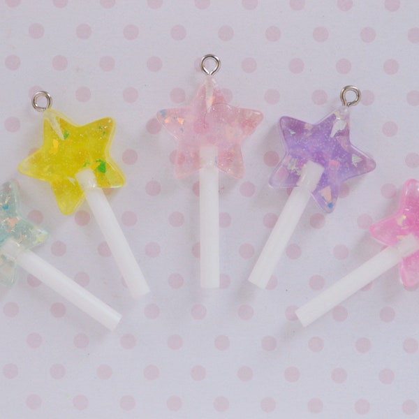 38mm Pendant Pastel Pink Blue Yellow Yume Kawaii Iridescent Glitter Star Lollipop Candy Charm Resin Decoden- set of 5