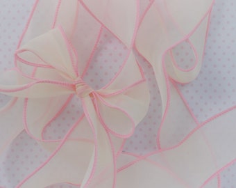 45mm Ivory Off White Bright Pink Piping Ruffle Organza Ribbon Decoden Jewelry Supplies - 4 yards