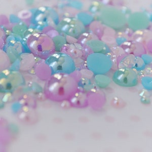 2mm-10mm Mixed Pack Pastel Pink Blue Purple Mint Green White Pearl AB Rhinestone Flatback Resin Decoden Cabochon - 10 grams