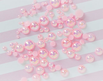 10mm - 2mm Mixed Sizes AB Iridescent Pastel Pink Hemisphere Pearls Flatback Resin Decoden Cabochon - set of 200