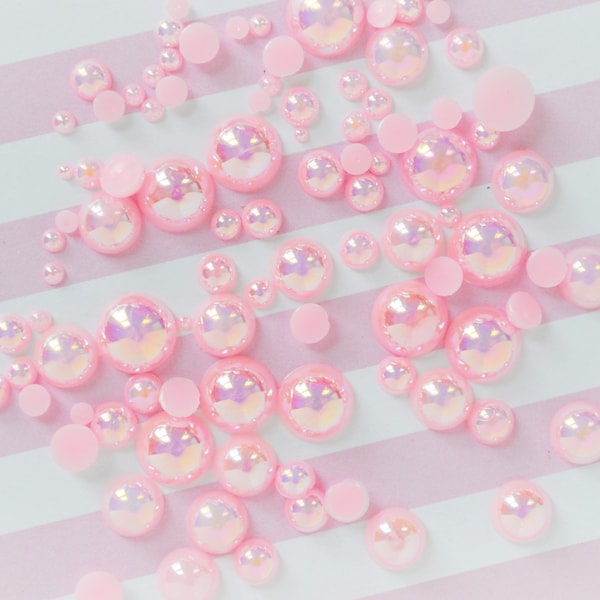 10mm - 2mm Mixed Sizes AB Iridescent Pastel Pink Hemisphere Pearls Flatback Resin Decoden Cabochon - set of 200