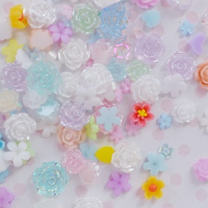 Tiny Mix Pastel Rainbow Pink Purple Kawaii Rose Daisy Sakura Carry Blossom Flower Flatback Resin Nail Charm Decoden Cabochon - 25 piece set
