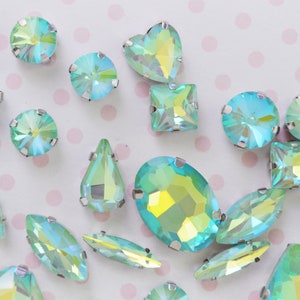 Mix Shape Pastel Mint Blue Opalescent AB Emerald Heart Teardrop Diamond Sew On Glass Rhinestone Cabochons Jelly Iridescent Gem set of 25 image 3