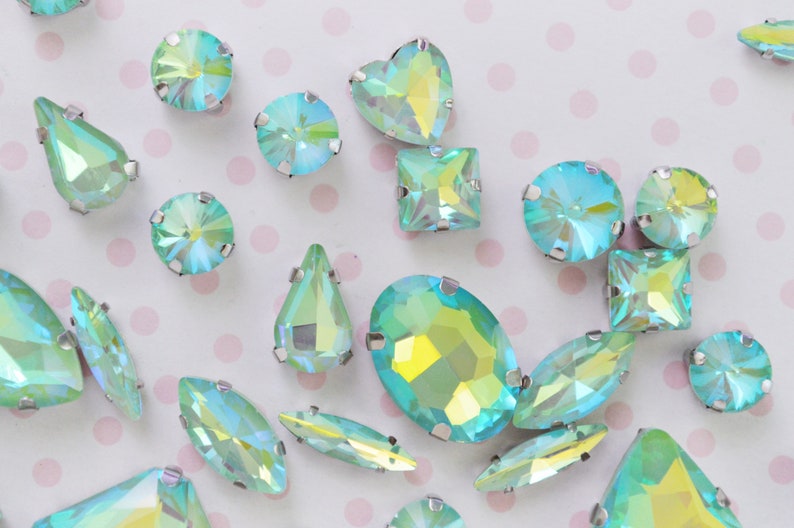 Mix Shape Pastel Mint Blue Opalescent AB Emerald Heart Teardrop Diamond Sew On Glass Rhinestone Cabochons Jelly Iridescent Gem set of 25 image 3