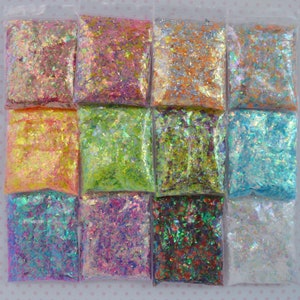 Flake 12 Color Rainbow Assorted Iridescent Flake Shard Glitter Mix Resin Supplies Nail Art Decoden Slime - 12 grams total