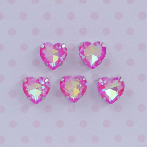 10mm Dark Pink Opalescent Heart Shaped Sew On Flatback Glass Crystal Rhinestone Cabochons Ab Jelly Iridescent Gem -  set of 5