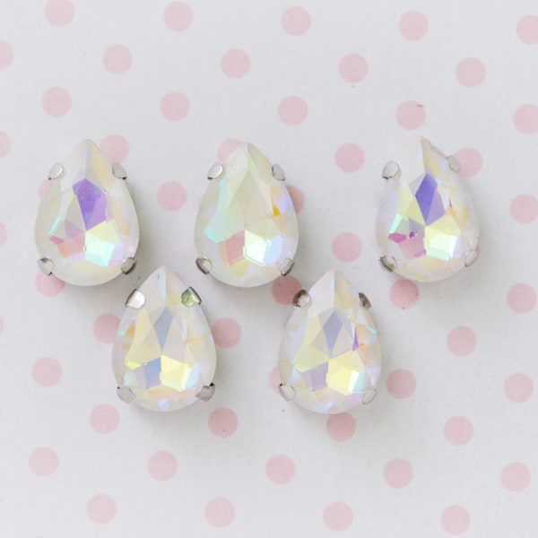 14mm White Opalescent Teardrop Diamond Sew On Flatback Glass Rhinestone Cabochons Ab Jelly Iridescent Gem -  set of 5