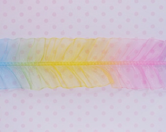 35mm Bright Rainbow Ombre Ruffle Ruched Organza Ribbon Decoden Jewelry Supplies - 2 yards