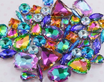 Mix Shape Two-Toned Rainbow Emerald Heart Teardrop Diamond Sew On Flatback Glass Rhinestone Cabochons Ab Jelly Iridescent Gem - set of 25