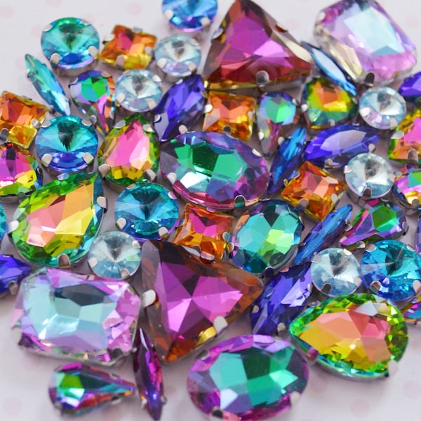 Mix Shape Two-Toned Rainbow Emerald Heart Teardrop Diamond Sew On Flatback Glass Rhinestone Cabochons Ab Jelly Iridescent Gem - set of 25