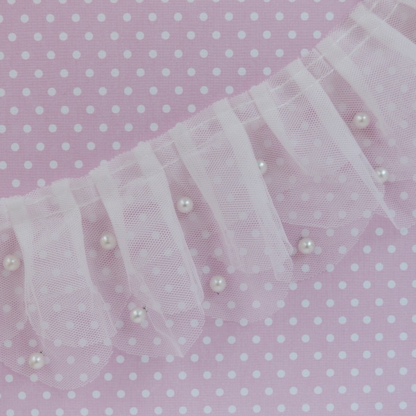 72mm White Pearl Accent Pleated Tulle Scalloped Ruffle Ribbon Kawaii Trim Sewing Supplies Decoden Jewelry Supplies - 1 yard