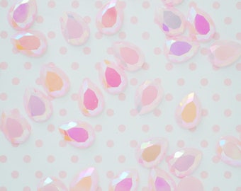 14mm Pastel Pink AB Iridescent Tear Drop Rhinestone Flatback Resin Decoden Cabochon - set of 25