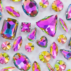 Mix Shape Rainbow Volcano Emerald Heart Teardrop Diamond Sew On Flatback Glass Rhinestone Cabochons Ab Jelly Iridescent Gem -  set of 25