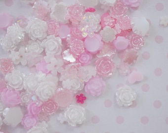 Tiny Mix Pastel Pink and White Kawaii Rose Daisy Sakura Cherry Blossom Flower Flatback Resin Nail Charm Decoden Cabochon - 20 piece set