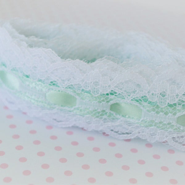 30mm Kawaii Pastel Mint Green Satin White Lace Trim Ribbon - 3 yards