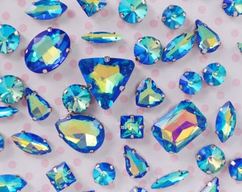 Mix Shape Dark Blue Opalescent AB Emerald Heart Teardrop Diamond Sew On Glass Rhinestone Cabochons Jelly Iridescent Gem -  set of 25