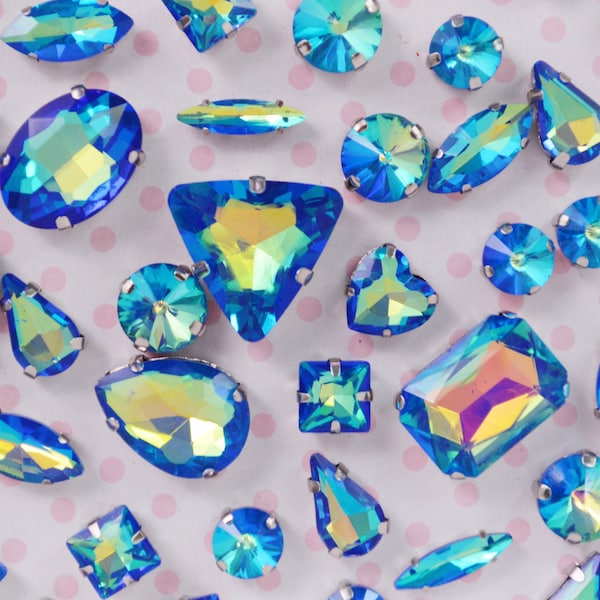 Mix Shape Dark Blue Opalescent AB Emerald Heart Teardrop Diamond Sew On Glass Rhinestone Cabochons Jelly Iridescent Gem -  set of 25