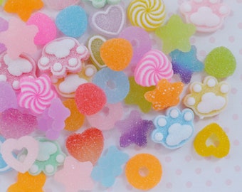 13mm-23mm Kawaii Gummy Candy Rainbow Mix Heart Star Paw Gummy Bear Pink Yellow Blue Green Purple Food Sweet Decoden Cabochon - 10 piece set