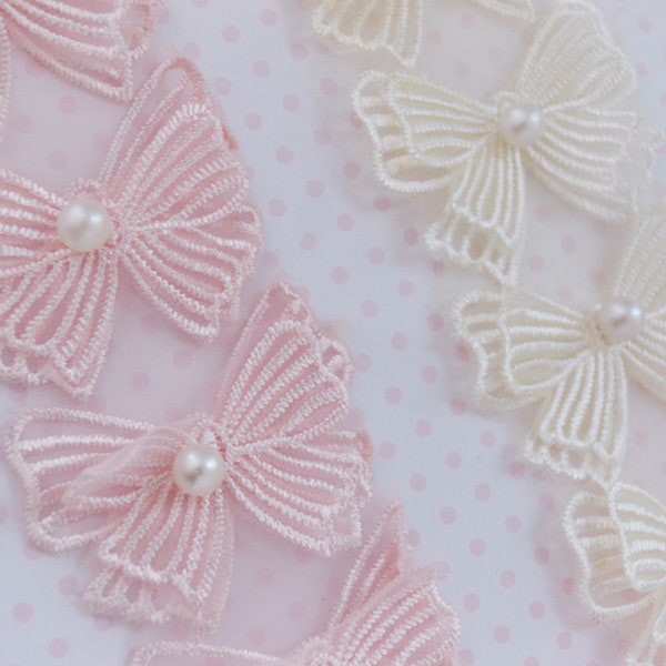 57mm Kawaii Pink or White Bow Appliqué Pearl Accent Ribbon Trim Sewing Supplies Decoden Jewelry Supplies - 1 yard
