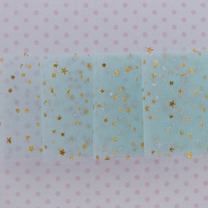 55mm Wide Kawaii Pastel Blue Gold Star Tulle Ribbon - 5 yards