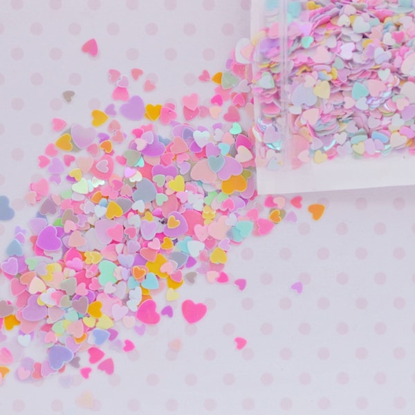 3-6mm Kawaii Pastel Rainbow Iridescent Mix Size Heart Pop Kei Party Kei Fairy Kei Glitter Resin Supplies Nail Art Decoden Slime - 10 grams
