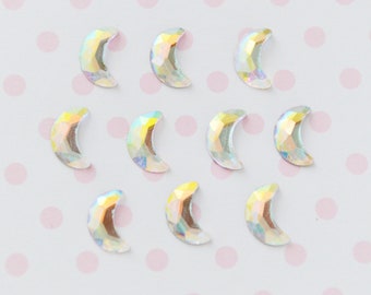 8mm Kawaii Clear Iridescent Crescent Moon Glass Crystal Rhinestone Flatback Decoden Cabochons Nail Art Resin Supplies - set of 10