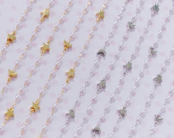 5mm Kawaii Gold or Silver Moon and Star White Pearl Delicate Golden Chain Jewelry Findings Hime Kawaii Decoden Supplies - 1 meter