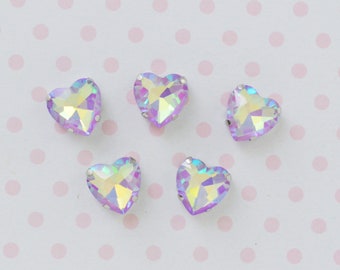 10mm Purple Opalescent AB Heart Shaped Sew On Flatback Glass Crystal Rhinestone Cabochons Ab Jelly Iridescent Gem -  set of 5