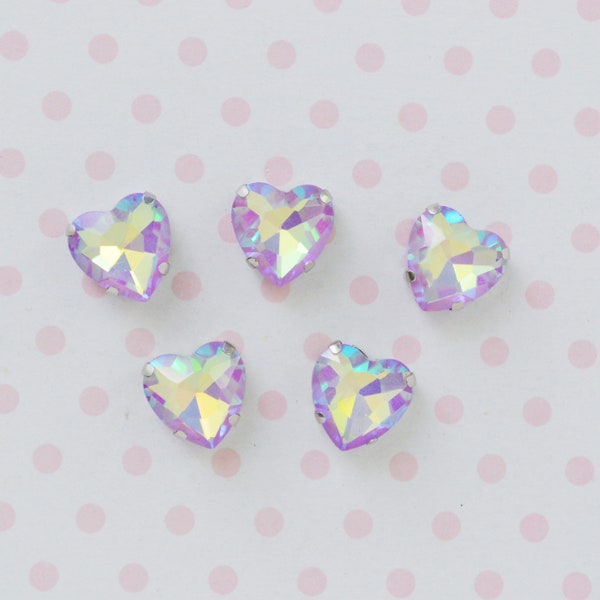 10mm Purple Opalescent AB Heart Shaped Sew On Flatback Glass Crystal Rhinestone Cabochons Ab Jelly Iridescent Gem -  set of 5