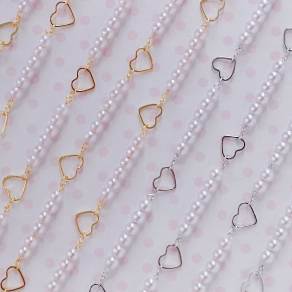 8mm Kawaii Gold or Silver Hollow Heart White Pearl Delicate Golden Chain Jewelry Findings Hime Kawaii Decoden Supplies - 1 meter