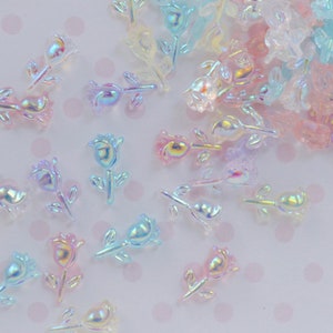 10mm Pastel Mix Iridescent Kawaii Rose Stem Flower Flatback Nail Art Decoden Cabochon - set of 20