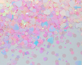 Kawaii Pastel Pink Iridescent Valentine's Day Mix Hearts Flowers Crosses Resin Supplies Nail Art Decoden Slime - 5 grams