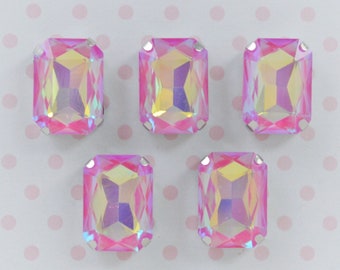 18mm Pink Opalescent Emerald Cut Sew On Flatback Glass Crystal Rhinestone Cabochons Ab Jelly Iridescent Gem -  set of 5