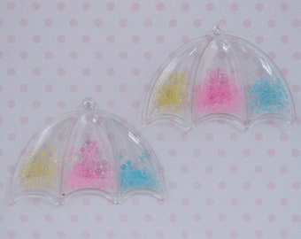 55mm Pastel Umbrella Glitter Clear Vinyl Pink Yellow Blue Rainbow Mix Kawaii Pendant Appliqué - set of 2