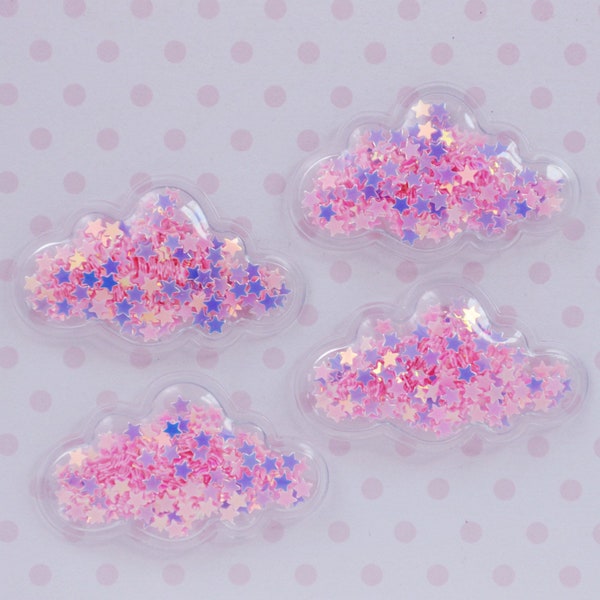 39mm Bright Pink Cloud Pastel Star Iridescent Glitter Clear Vinyl Cloud Kawaii Appliqué - set of 4