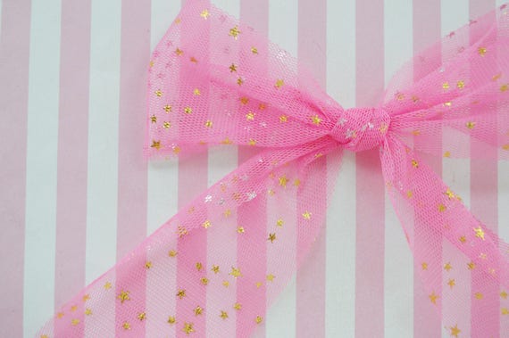 55mm Wide Kawaii Pink Gold Star Tulle Ribbon 5 Yards 