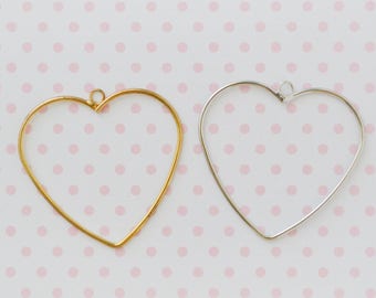 47mm BIG Kawaii Gold or Silver Heart Shaped Hoop Pendants Jewelry Findings - set of 3