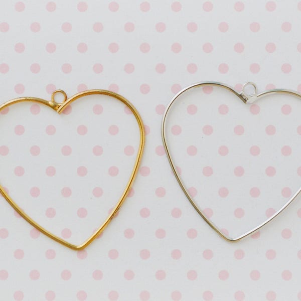 47mm BIG Kawaii Gold or Silver Heart Shaped Hoop Pendants Jewelry Findings - set of 3