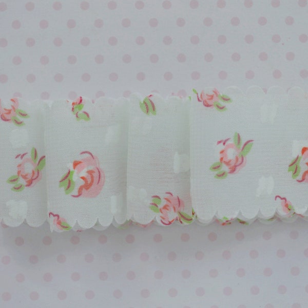 1.5" Pastel Mint Green Chiffon Pink Rose Print Scalloped Edge Swiss Dot Hime Kawaii Ribbon - 4 yards